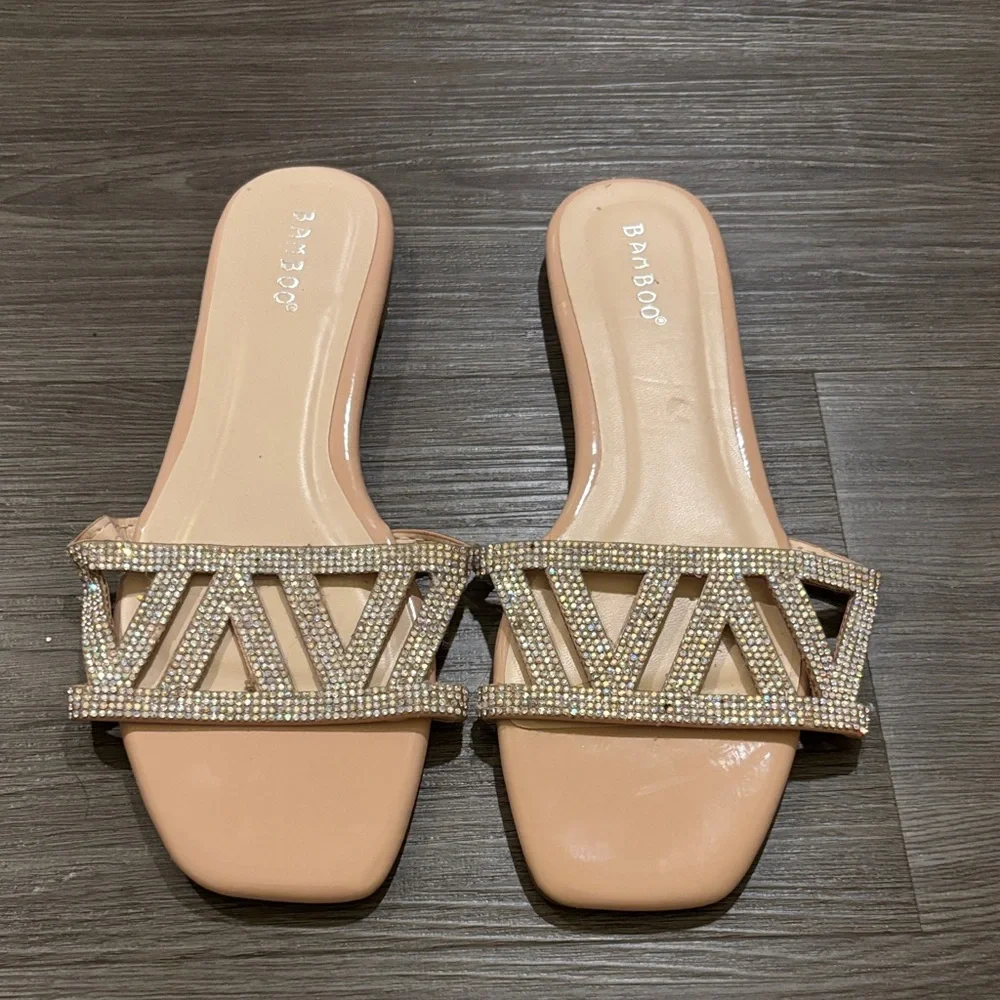 BAMBOO Beige Rhinestone Slide Sandals - Picture 1 of 5